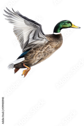 an isolated Mallard Duck(Anas platyrhynchos) in flight side view , preservation, Wildlife-themed, photorealistic illustration on a transparent background cutout in PNG. Generative AI