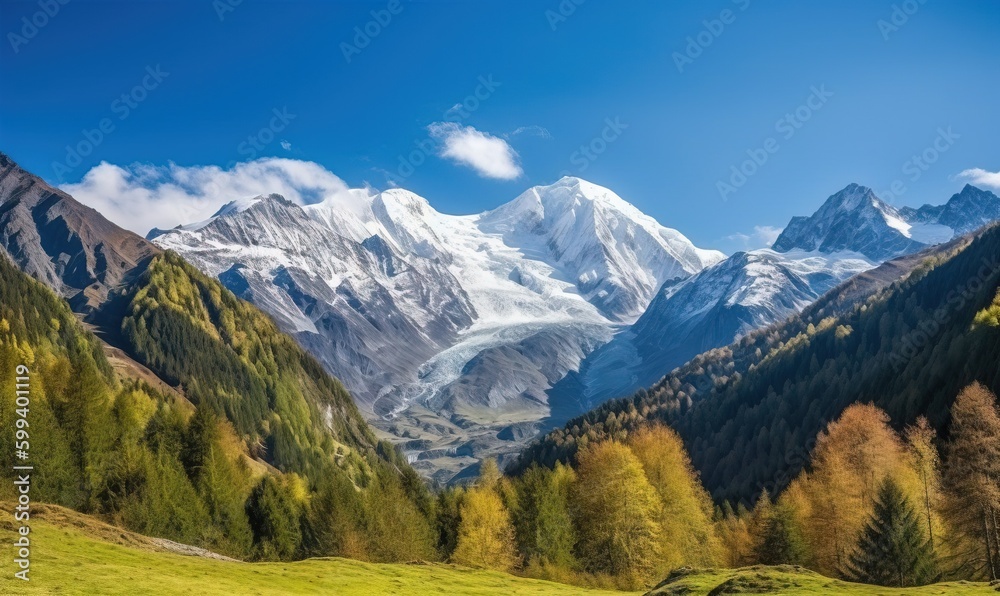  a view of a mountain range with trees in the foreground.  generative ai