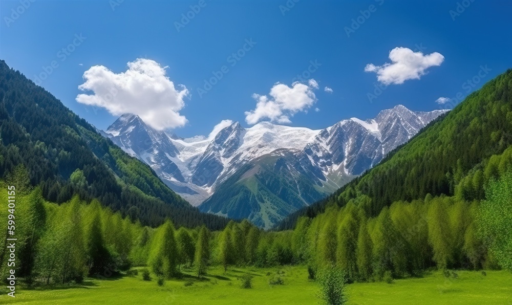  a green valley with a mountain range in the background and clouds in the sky.  generative ai