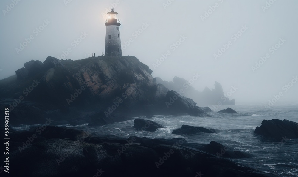  a lighthouse on a rocky shore in the foggy weather.  generative ai