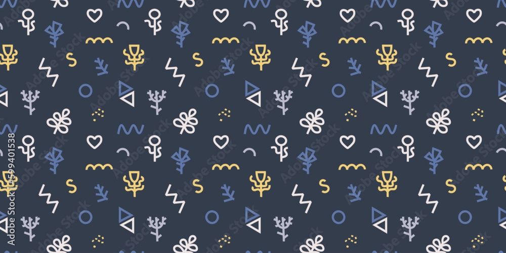 Abstract seamless pattern with small geometric and floral elements. Vector pattern with dark background for design. Abstract seamless pattern with small geometric and floral elements. Vector pattern with dark background for design.