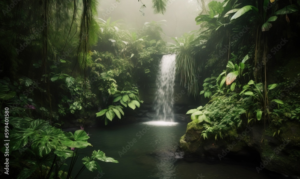 Obraz premium a waterfall in the middle of a lush green forest filled with trees. generative ai