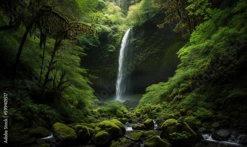  a waterfall in the middle of a forest with moss growing on the rocks.  generative ai