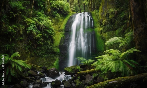  a waterfall in the middle of a lush green forest filled with trees.  generative ai