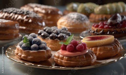  a table topped with lots of pastries covered in icing.  generative ai