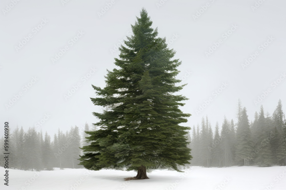 solitary pine tree standing in a snow-covered field Generative AI solitary pine tree standing in a snow-covered field Generative AI