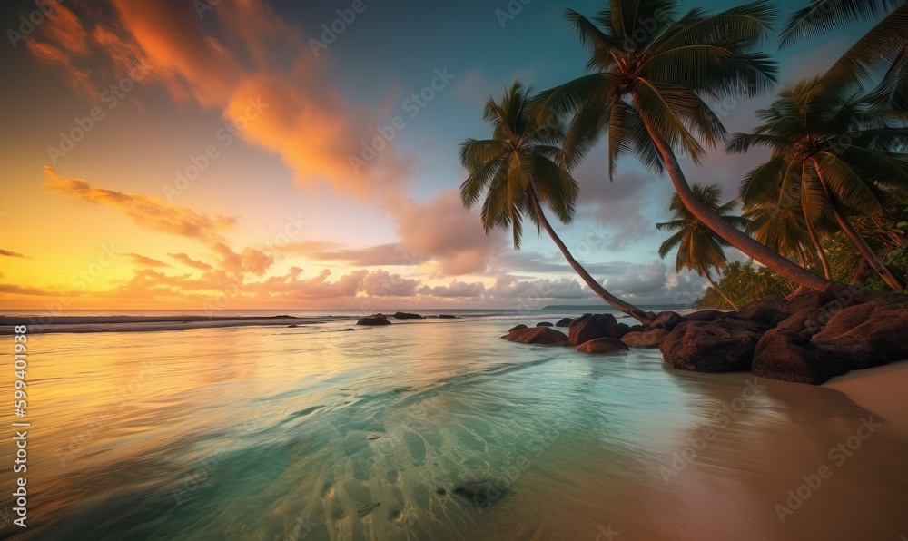  a tropical beach with palm trees and a sunset in the background.  generative ai