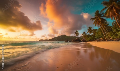  a tropical beach with palm trees and a mountain in the background. generative ai