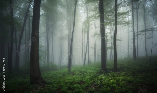  a foggy forest filled with lots of trees and grass.  generative ai © Olga