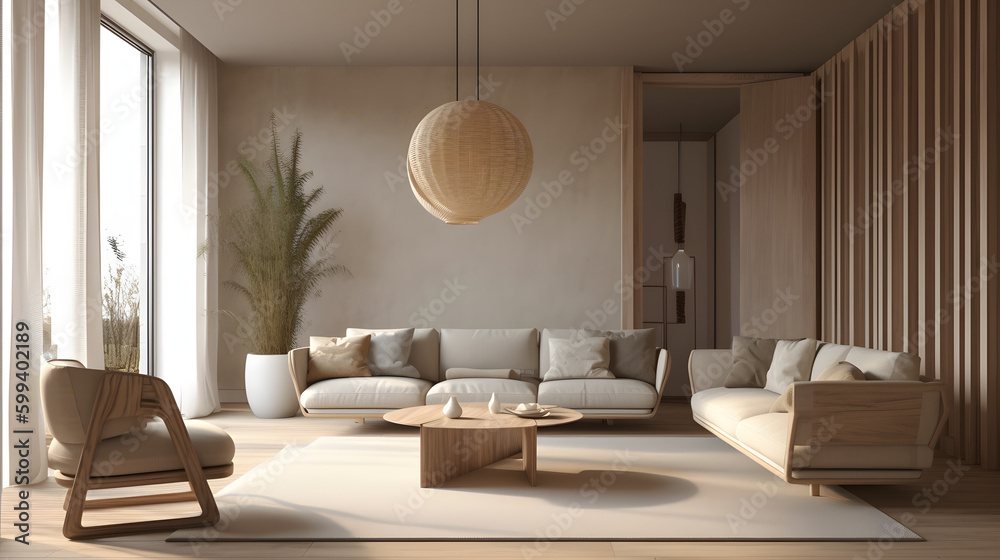 
Immerse yourself in the modern interior design of a Japandi-style living room. This sunny Scandinavian apartment features a harmonious blend of plaster and wood elements, creating a warm and inviting - obrazy, fototapety, plakaty 