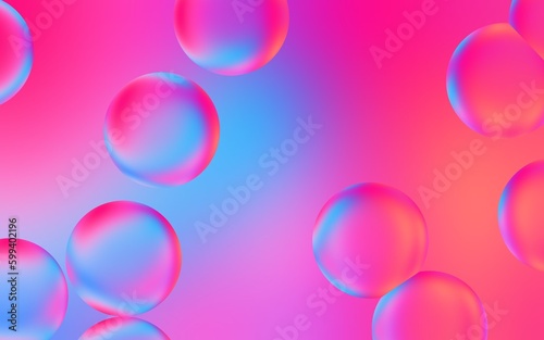 Artistic 3D water bubble background. 3D illustration of transparent bubble drops on smooth blue and pink gradient background. Smooth multicolor water bubbles. 