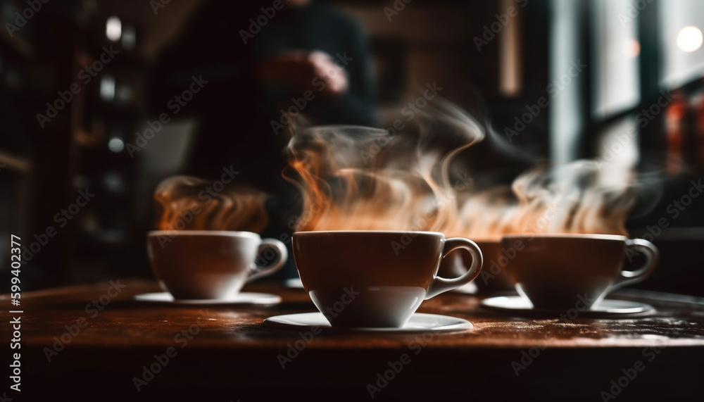 Foamy cappuccino on wooden table in cafe generated by AI Foamy cappuccino on wooden table in cafe generated by AI