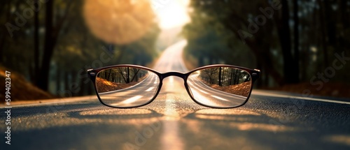 Road leading towards a bright light source seen through a pair of glasses, with a blurred background. Generative AI photo