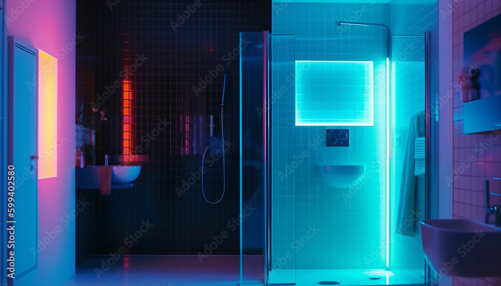 Futuristic apartment with digitally generated blue lighting equipment generated by AI Futuristic apartment with digitally generated blue lighting equipment generated by AI