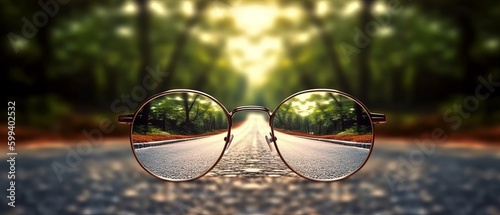 Road leading towards a bright light source seen through a pair of glasses, with a blurred background. Generative AI © ColdFire