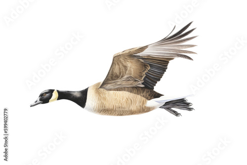 an isolated Canadian Goose in flight, migration, sport hunting, wetlands, preservation, Wildlife-themed, photorealistic illustration on a transparent background cutout in PNG. Generative AI