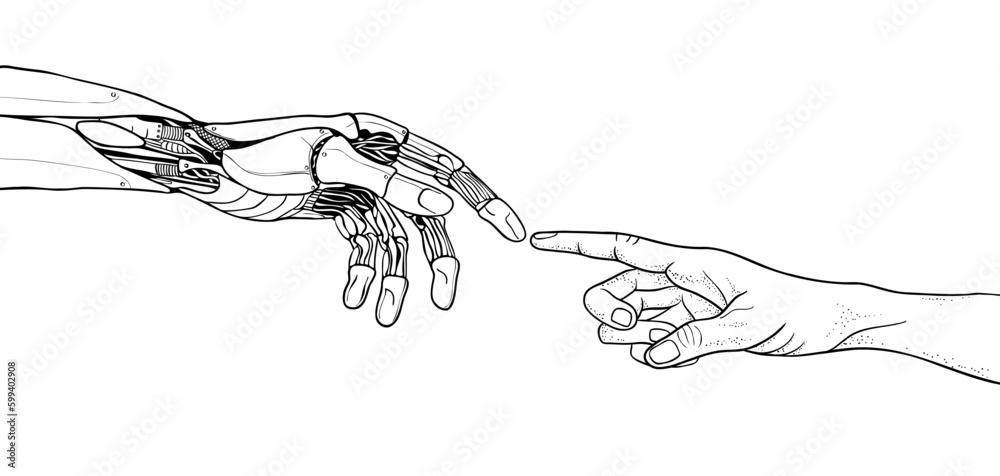Coloring book page for adults. The human hand reaches for the robot's hand. Artificial intelligence, neural network, machine learning. Vector illustration.