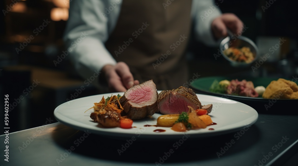 Waiter carrying plates with meat dish on some festive event, party or wedding reception. Plate with unusual meal, meat in focus. Chef cooking at modern restaurant. Generated with Ai tools. Waiter carrying plates with meat dish on some festive event, party or wedding reception. Plate with unusual meal, meat in focus. Chef cooking at modern restaurant. Generated with Ai tools.