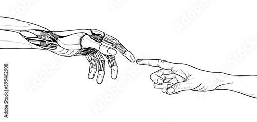Coloring book page for adults. The human hand reaches for the robot's hand. Artificial intelligence, neural network, machine learning. Vector illustration.