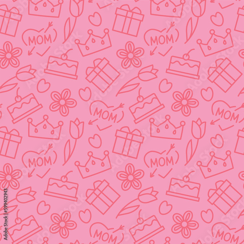 mother's day seamless pattern with present, heart, tulip flower, crown, cake line icons- vector illustration