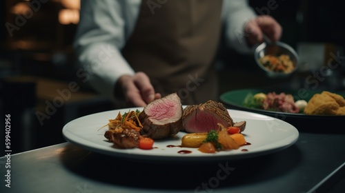 Waiter carrying plates with meat dish on some festive event, party or wedding reception. Plate with unusual meal, meat in focus. Chef cooking at modern restaurant. Generated with Ai tools.