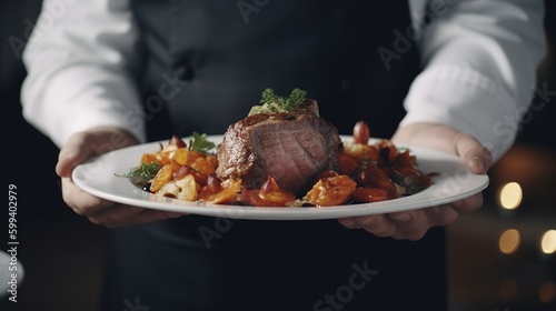 Waiter carrying plates with meat dish on some festive event, party or wedding reception. Plate with unusual meal, meat in focus. Chef cooking at modern restaurant. Generated with Ai tools.