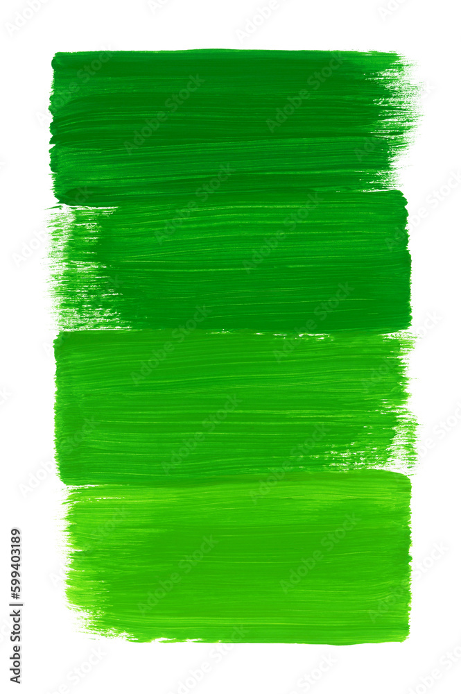 Green acrylic paint different shades four brush strokes isolated on white background. Place for text, headline. Artistic design template for logo, vertical banner. Hand painted frame with copy space.
