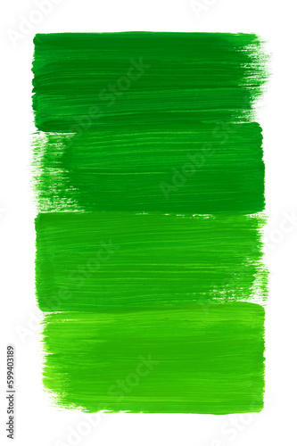 Obraz na płótnie Green acrylic paint different shades four brush strokes isolated on white background. Place for text, headline. Artistic design template for logo, vertical banner. Hand painted frame with copy space. w salonie
