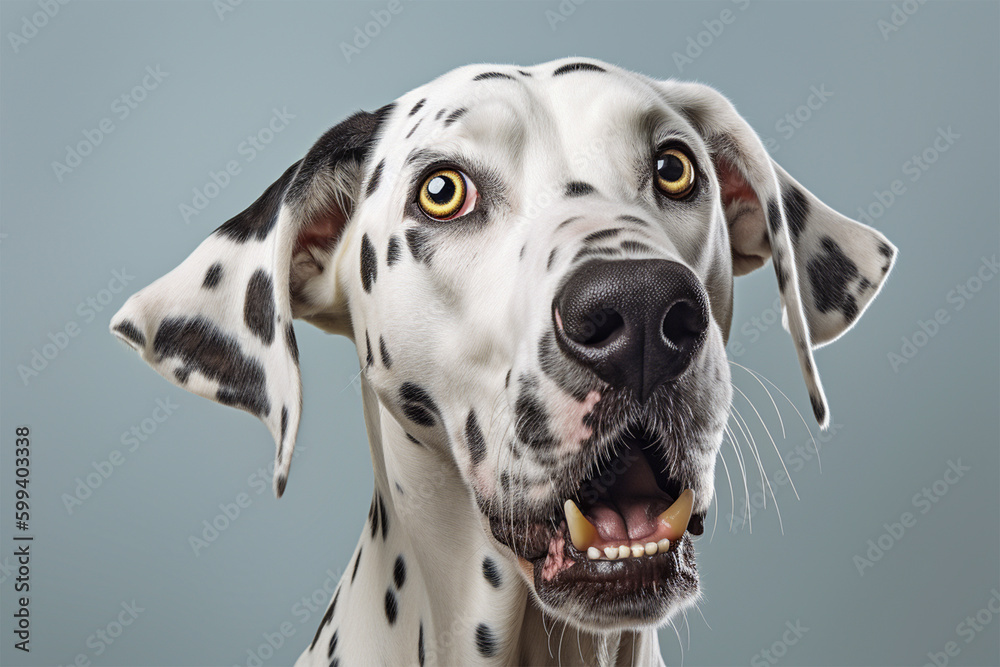 Portrait of a shocked dalmatian dog on isolated background.Front view.Close up.Created with generative ai