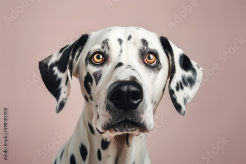 Portrait of a sad dalmatian dog on isolated background.Front view.Close up.Created with generative ai © leo10
