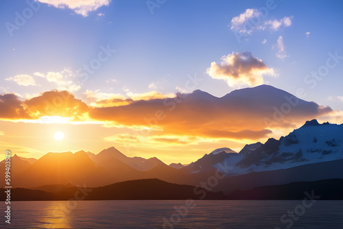 a beautiful sunset with mountains in the background and a lake with glacier water in the foreground, ultra realistic. generative AI