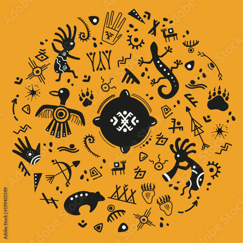 Tribal native american hand-drawn set of primitive symbols, animals and birds on orange background