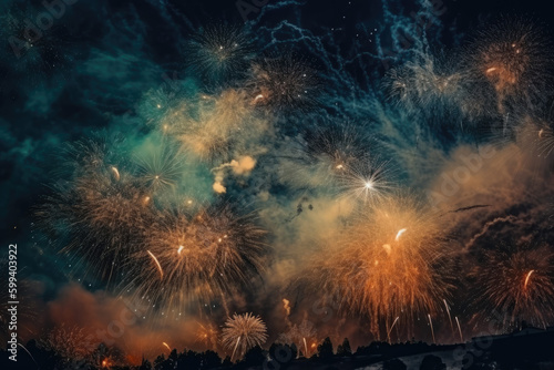 Bright fireworks are burning against a black background  a dark night time frame.