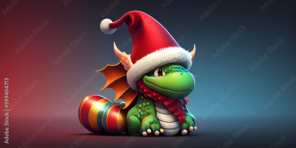 Cute cartoon green dragon in santa hat holding gift Christmas illustration merry christmas and happy new year concept Generative AI