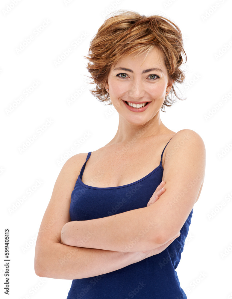 Satisfied with life. A smiling woman standing with her arms folded while isolated on white. Satisfied with life. A smiling woman standing with her arms folded while isolated on white.