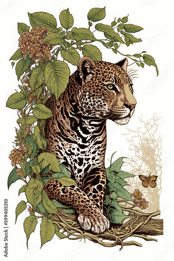 Naklejka premium a Jaguar surrounded by rainforest flowers and foliage, on a white background, creating a beautiful vignette, perfect for a t-shirt/apparel design. rainforest wildlife, Wildlife-themed. generative ai