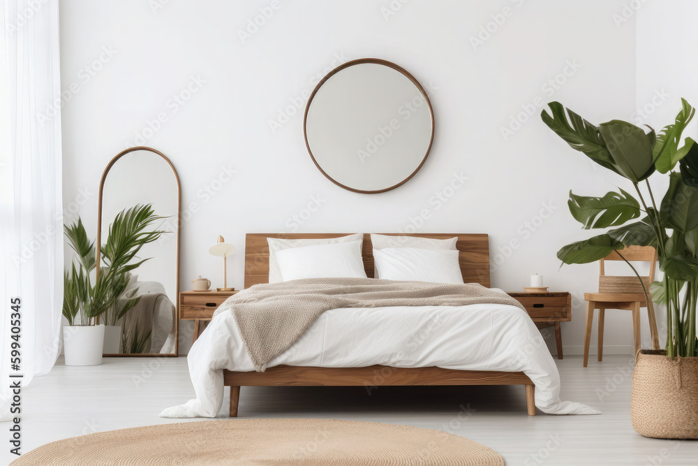 Minimalist bedroom interior design with king bed, plants, frames and mirror. Generative AI Minimalist bedroom interior design with king bed, plants, frames and mirror. Generative AI