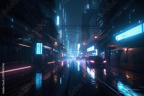 Neon night in a futuristic city. Empty street with neon lights reflecting in a water. Generative AI © barmaleeva