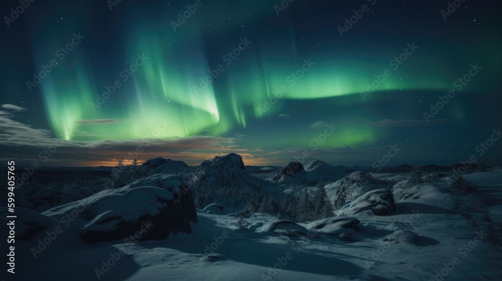Northern lights in the night sky over mountains. Aurora borealis.