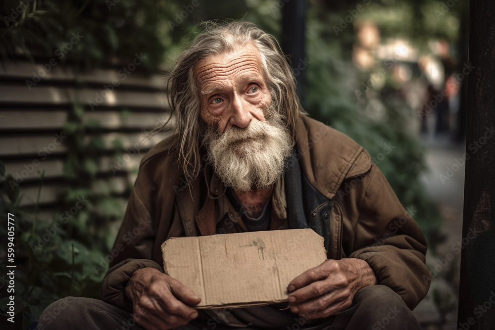 A fictional, ki-generated beggar on the street