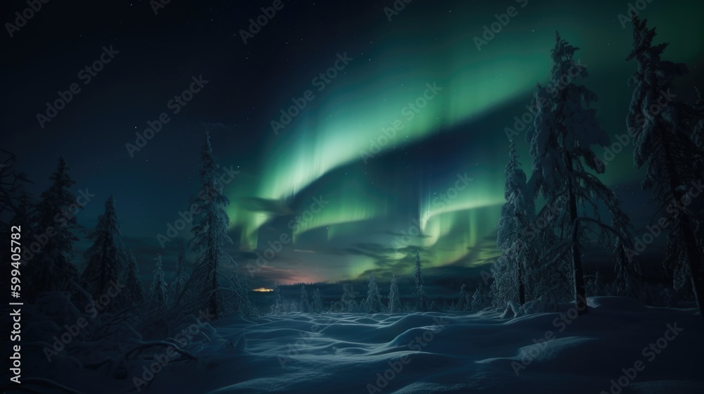 Aurora borealis, northern lights in winter forest. 3D rendering