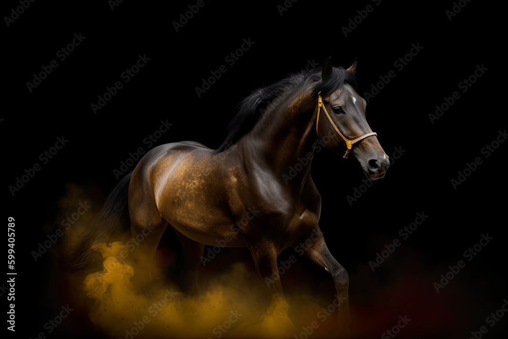 Obraz premium Horse on a Black background and smoke, Generative AI