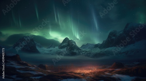 Northern lights in the night sky over mountains. Aurora borealis.