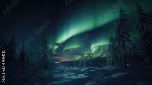 Aurora borealis, northern lights in winter forest. 3D rendering