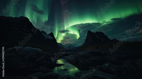 Aurora borealis, northern lights in the night sky over a mountain range