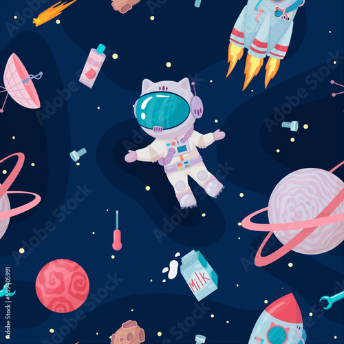 Cosmonaut in outer space. UFOs, spaceships, rockets. Solar system, intergalactic travel. Galaxies, planets, asteroids, comets, shooting stars. Vector illustration in cartoon style on  background.