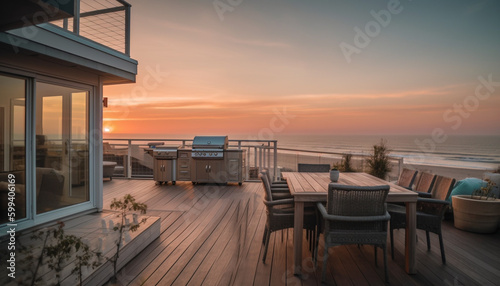 Modern chair on balcony, overlooking tranquil coastline generated by AI © djvstock