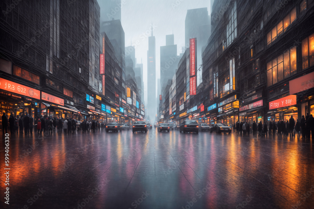 Modern city streets at night, skyscrapers and street lights, traffic and people. Generative AI. Modern city streets at night, skyscrapers and street lights, traffic and people. Generative AI.