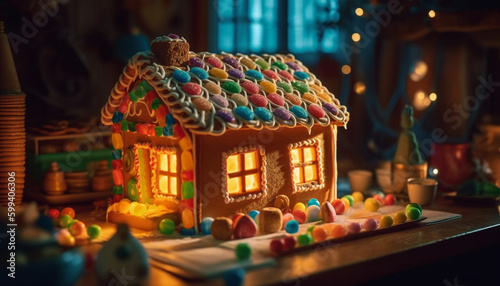 Homemade gingerbread house decoration, sweet winter tradition generated by AI