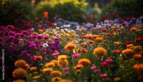 Vibrant wildflowers bloom in tranquil meadow scene generated by AI